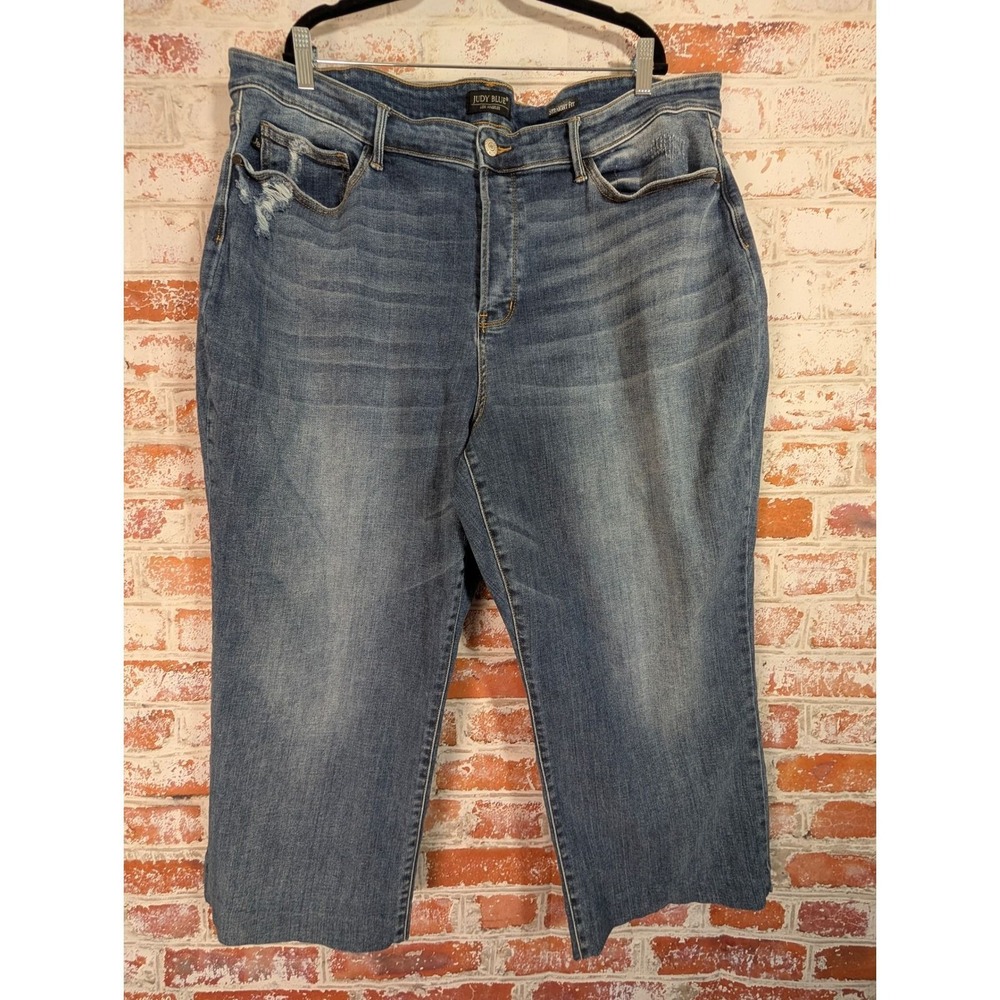 Judy Blue Straight Fit Jeans Women 24W Blue Distressed Raw Hem JB82468MD-PL